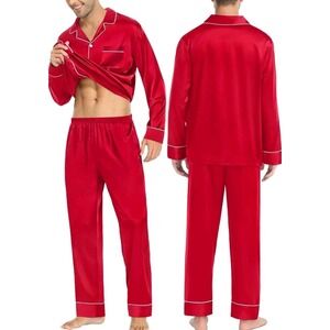 SWOMOG, Silk Satin Long Sleeve Button Down Sleepwear 2 Pc Set, Size Small, Red